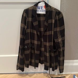 Brown and black Plaid lightweight blazer with leather tie detail
